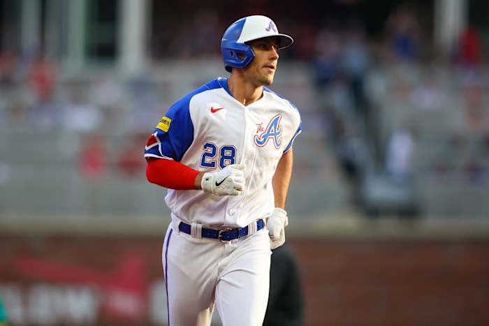 May 20, 2023; Atlanta, Georgia, USA; Atlanta Braves first baseman Matt Olson (28) runs after a home run against the Seattle Mariners in the first inning at Truist Park. Mandatory Credit: Brett Davis-USA TODAY Sports